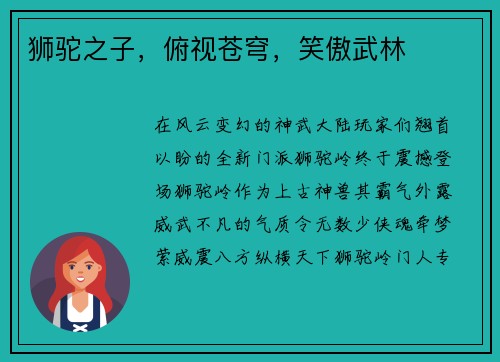 狮驼之子，俯视苍穹，笑傲武林